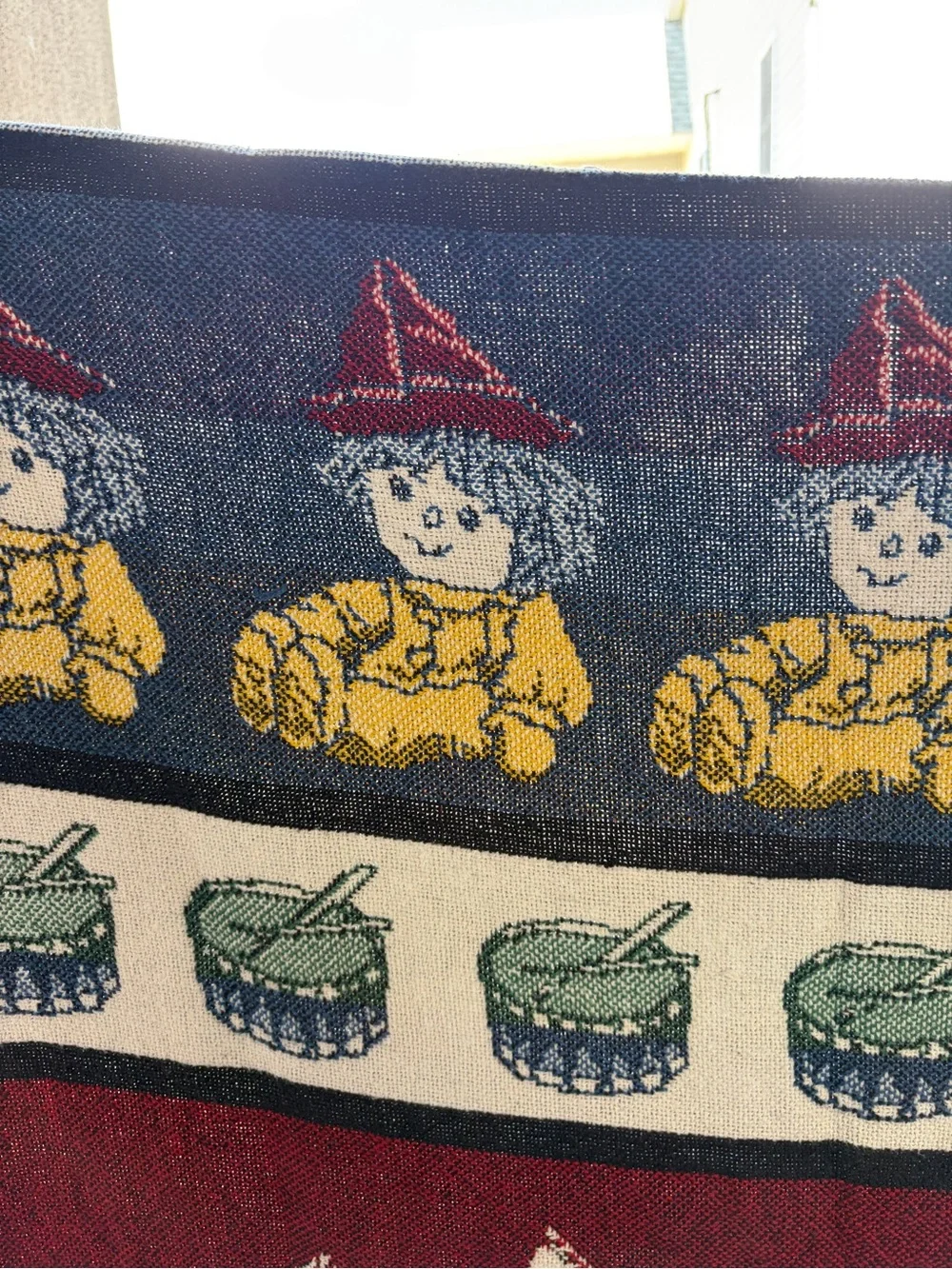 Vintage-Style Toys Pattern Woven Throw Blanket in Red, Navy & Cream